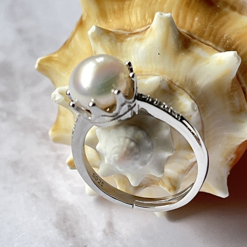 925S Silver White Cultured Freshwater Pearl Adjustable Ring Romantic Gift Idea‎